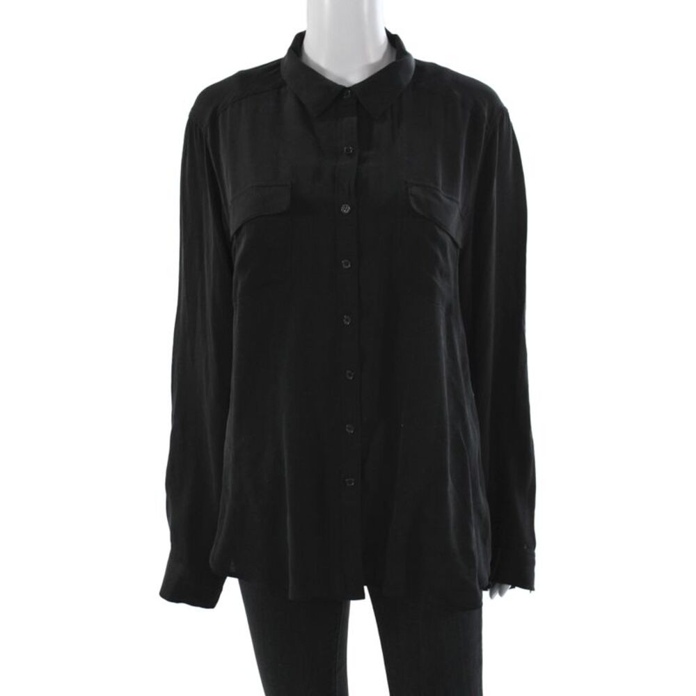 Ecru Women Black 100% Silk Collared Long Sleeve Basic Button-Up Size L